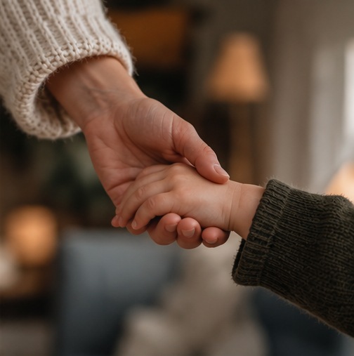 Een volwassen hand en kinderhand die elkaar vasthouden