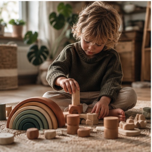 Een kind dat vrij speelt met houten open-einde speelgoed
