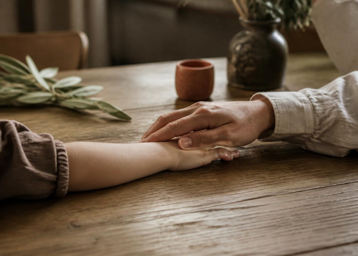 Een ouderhand die liefdevol contact maakt met de hand van een kind